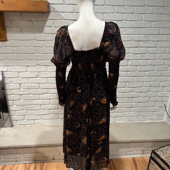 Farm Rio Boho Celestial Print Dress M | Smocked Midi Puff Sleeve Festival Luxe - Picture 13 of 16